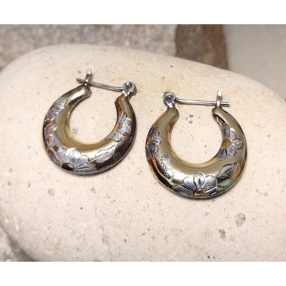 24KT Gold Over Sterling Floral Hoop Earrings - Gold - Picture 7 of 11